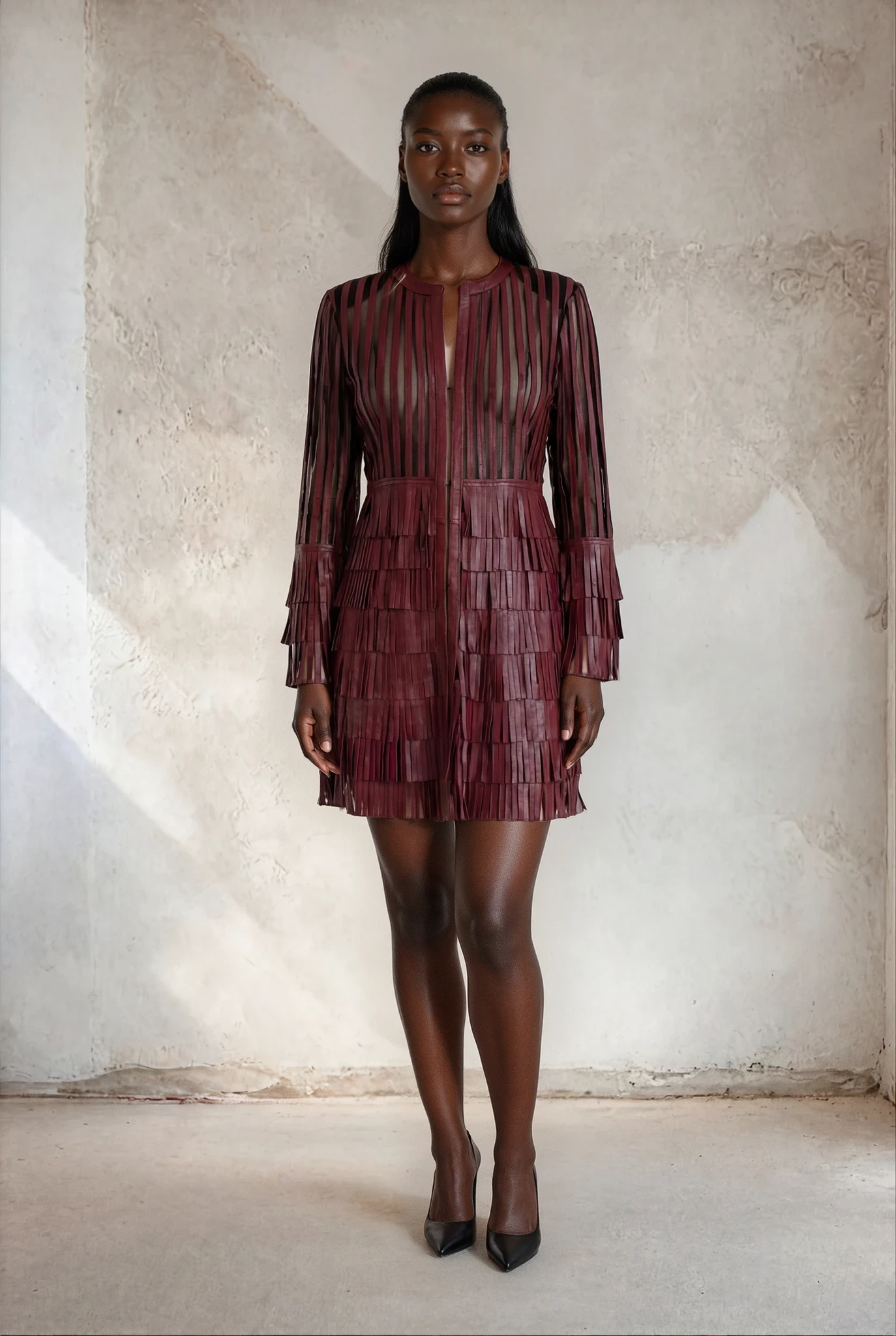 ‌BURGUNDY FRINGE COAT