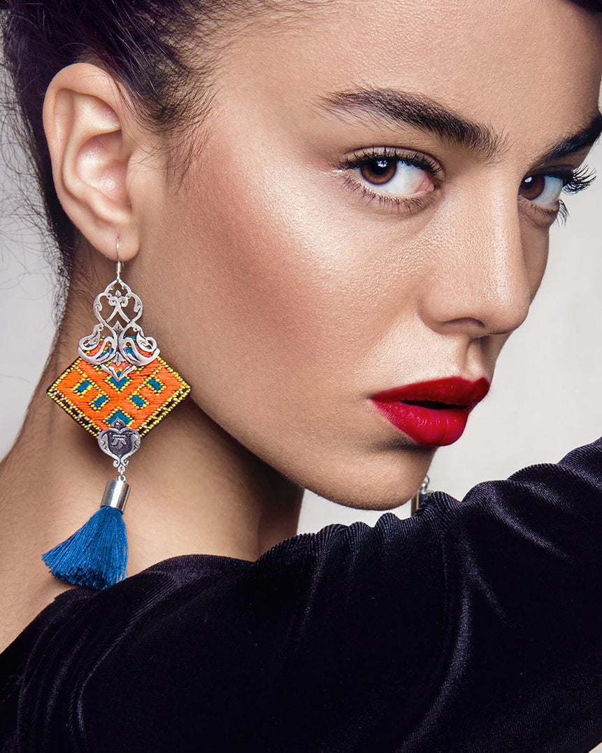 Orange Earrings - Blue Tassel